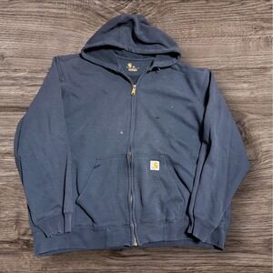 Carhartt Men's Zip-Up Hoodie Sweatshirt 2xl Navy Blue Distressed Workwear